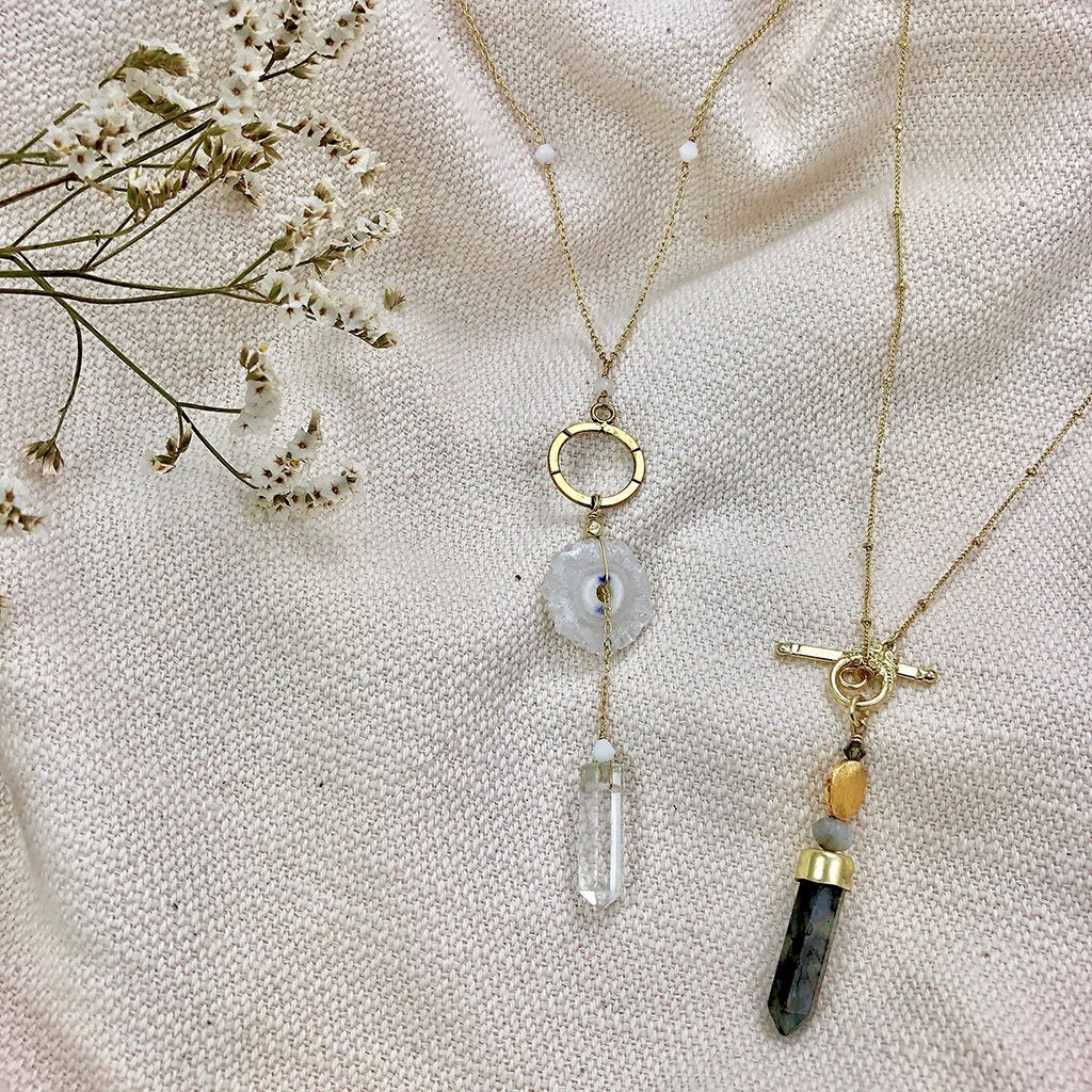 Solar Quartz + Crystal Y Necklace